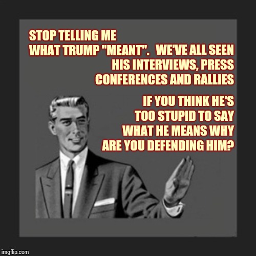 Apparently Every Trumpublican Is A Trump Whisper | WE'VE ALL SEEN HIS INTERVIEWS, PRESS CONFERENCES AND RALLIES; STOP TELLING ME WHAT TRUMP "MEANT". IF YOU THINK HE'S TOO STUPID TO SAY WHAT HE MEANS WHY ARE YOU DEFENDING HIM? | image tagged in memes,kill yourself guy,trump unfit unqualified dangerous,impeach trump,lock him up,liar in chief | made w/ Imgflip meme maker