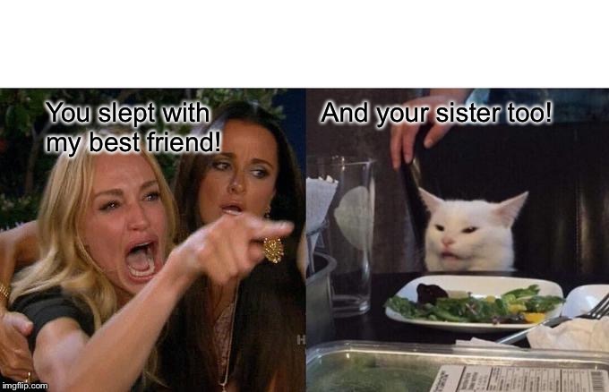 Woman Yelling At Cat | And your sister too! You slept with my best friend! | image tagged in memes,woman yelling at cat | made w/ Imgflip meme maker