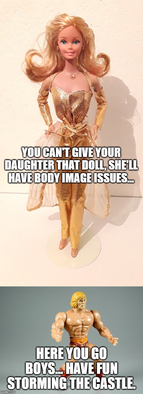 YOU CAN'T GIVE YOUR DAUGHTER THAT DOLL, SHE'LL HAVE BODY IMAGE ISSUES... HERE YOU GO BOYS... HAVE FUN STORMING THE CASTLE. | image tagged in barbie,he-man,image | made w/ Imgflip meme maker