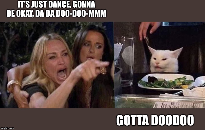 woman yelling at cat | IT’S JUST DANCE, GONNA BE OKAY, DA DA DOO-DOO-MMM; GOTTA DOODOO | image tagged in woman yelling at cat | made w/ Imgflip meme maker