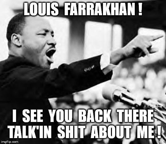 Martin Luther king jr | LOUIS  FARRAKHAN ! I  SEE  YOU  BACK  THERE  TALK'IN  SHIT  ABOUT  ME ! | image tagged in martin luther king jr | made w/ Imgflip meme maker