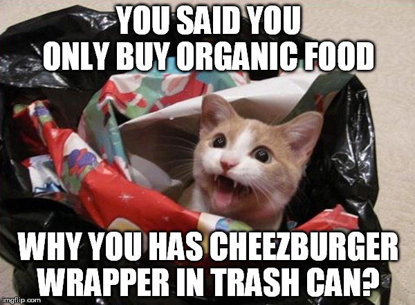 YOU SAID YOU ONLY BUY ORGANIC FOOD WHY YOU HAS CHEEZBURGER WRAPPER IN TRASH CAN? | made w/ Imgflip meme maker