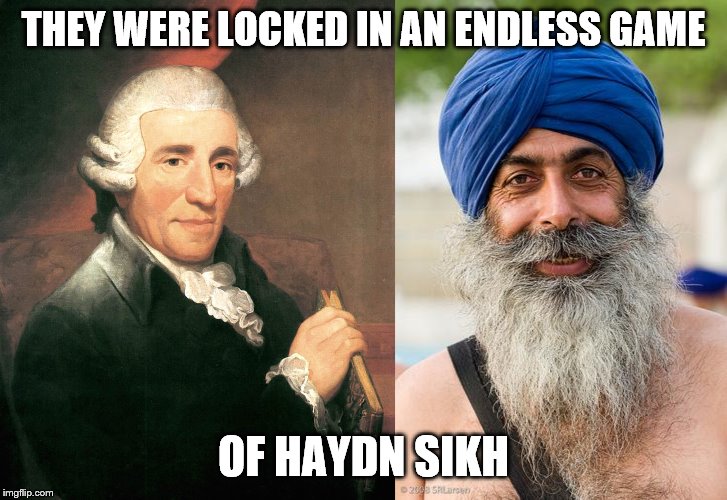 THEY WERE LOCKED IN AN ENDLESS GAME; OF HAYDN SIKH | image tagged in sikh,haydn | made w/ Imgflip meme maker