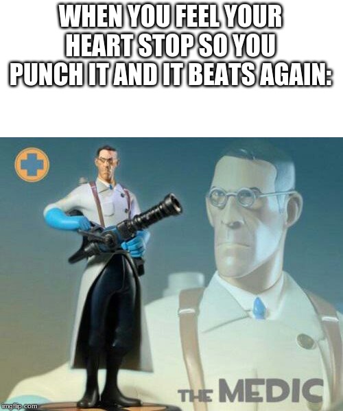 WHEN YOU FEEL YOUR HEART STOP SO YOU PUNCH IT AND IT BEATS AGAIN: | image tagged in the medic tf2 | made w/ Imgflip meme maker