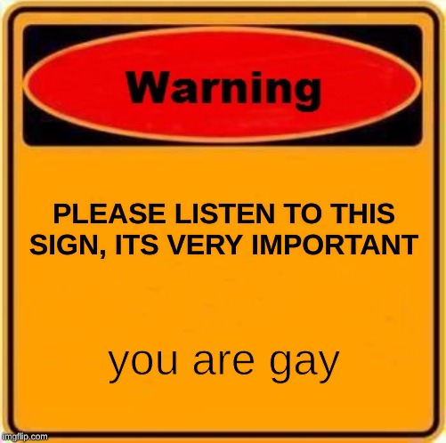 Warning Sign | PLEASE LISTEN TO THIS SIGN, ITS VERY IMPORTANT; you are gay | image tagged in memes,warning sign | made w/ Imgflip meme maker