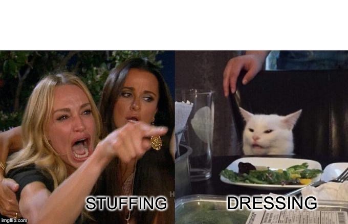 Thanksgiving | DRESSING; STUFFING | image tagged in memes,woman yelling at cat | made w/ Imgflip meme maker