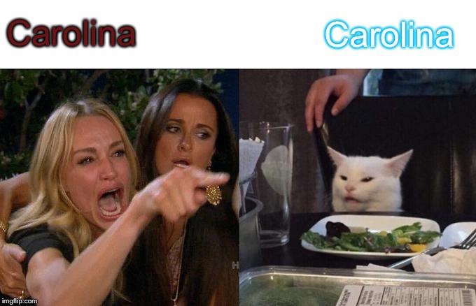 Woman Yelling At Cat Meme | Carolina; Carolina | image tagged in memes,woman yelling at cat | made w/ Imgflip meme maker