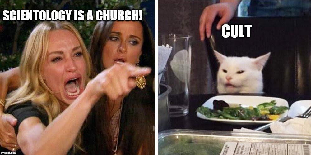 Smudge the cat | CULT; SCIENTOLOGY IS A CHURCH! | image tagged in smudge the cat | made w/ Imgflip meme maker