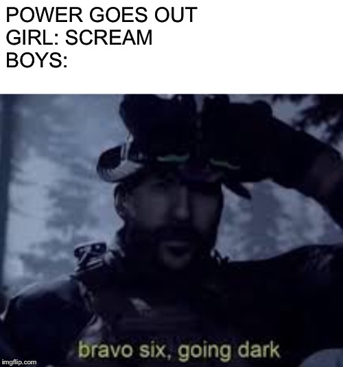 Bravo six, going dark | POWER GOES OUT
GIRL: SCREAM
BOYS: | image tagged in memes | made w/ Imgflip meme maker