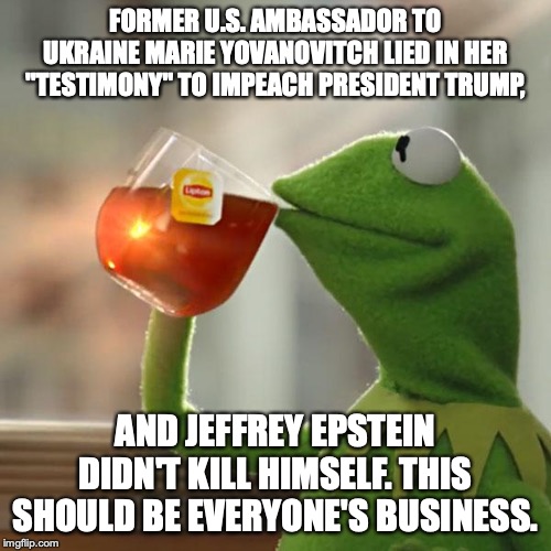 It's time for a LOT of democrats to be prosecuted for this bumbled coup. | FORMER U.S. AMBASSADOR TO UKRAINE MARIE YOVANOVITCH LIED IN HER "TESTIMONY" TO IMPEACH PRESIDENT TRUMP, AND JEFFREY EPSTEIN DIDN'T KILL HIMSELF. THIS SHOULD BE EVERYONE'S BUSINESS. | image tagged in 2019,impeachment,marie yovanovitch,lies,liberals,jeffrey epstein | made w/ Imgflip meme maker