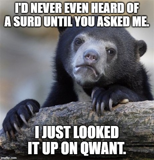 Confession Bear Meme | I'D NEVER EVEN HEARD OF A SURD UNTIL YOU ASKED ME. I JUST LOOKED IT UP ON QWANT. | image tagged in memes,confession bear | made w/ Imgflip meme maker