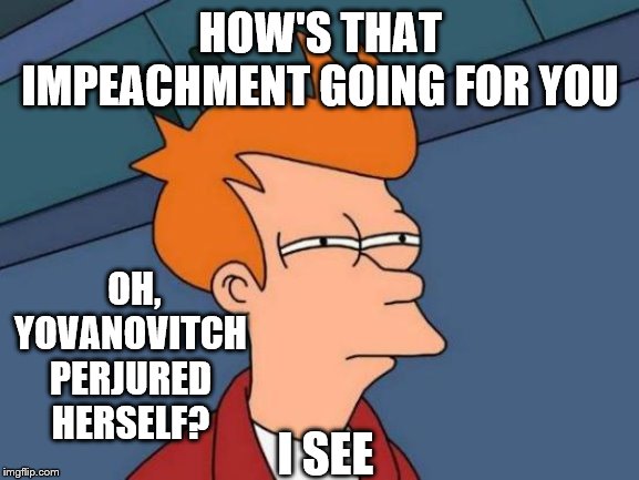 Futurama Fry Meme | HOW'S THAT IMPEACHMENT GOING FOR YOU; OH, YOVANOVITCH PERJURED HERSELF? I SEE | image tagged in memes,futurama fry,political memes | made w/ Imgflip meme maker