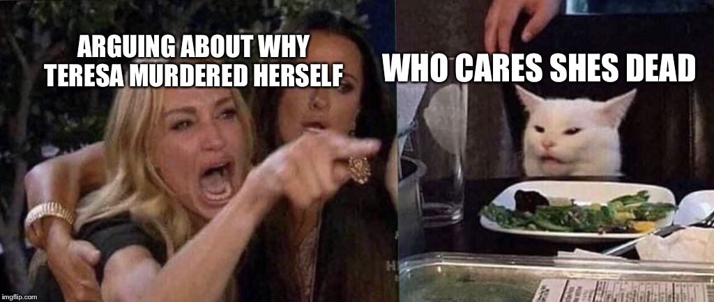 woman yelling at cat | WHO CARES SHES DEAD; ARGUING ABOUT WHY TERESA MURDERED HERSELF | image tagged in woman yelling at cat | made w/ Imgflip meme maker