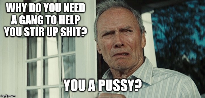 Clint Eastwood WTF | WHY DO YOU NEED A GANG TO HELP YOU STIR UP SHIT? YOU A PUSSY? | image tagged in clint eastwood wtf | made w/ Imgflip meme maker