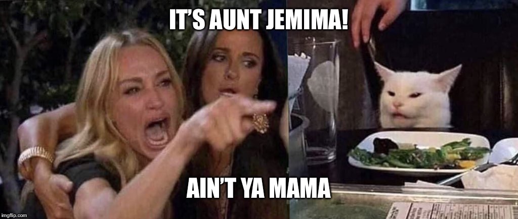 woman yelling at cat | IT’S AUNT JEMIMA! AIN’T YA MAMA | image tagged in woman yelling at cat | made w/ Imgflip meme maker