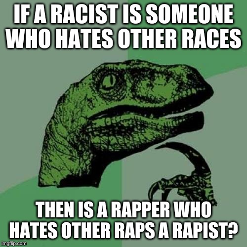 Philosoraptor | IF A RACIST IS SOMEONE WHO HATES OTHER RACES; THEN IS A RAPPER WHO HATES OTHER RAPS A RAPIST? | image tagged in memes,philosoraptor | made w/ Imgflip meme maker
