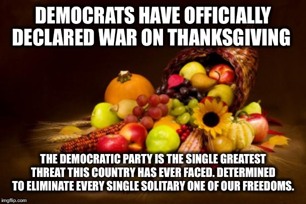 Thanksgiving | DEMOCRATS HAVE OFFICIALLY DECLARED WAR ON THANKSGIVING; THE DEMOCRATIC PARTY IS THE SINGLE GREATEST THREAT THIS COUNTRY HAS EVER FACED. DETERMINED TO ELIMINATE EVERY SINGLE SOLITARY ONE OF OUR FREEDOMS. | image tagged in thanksgiving,democratic party,democrats | made w/ Imgflip meme maker
