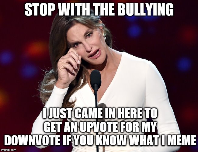 bruce jenner problems | STOP WITH THE BULLYING; I JUST CAME IN HERE TO GET AN UPVOTE FOR MY DOWNVOTE IF YOU KNOW WHAT I MEME | image tagged in bruce jenner problems,funny memes,memes,ustartedit | made w/ Imgflip meme maker