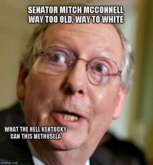 SENATOR MITCH MCCONNELL
WAY TOO OLD, WAY TO WHITE; WHAT THE HELL KENTUCKY
CAN THIS METHUSELA | made w/ Imgflip meme maker