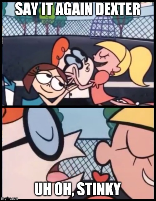 Say it Again, Dexter | SAY IT AGAIN DEXTER; UH OH, STINKY | image tagged in memes,say it again dexter | made w/ Imgflip meme maker