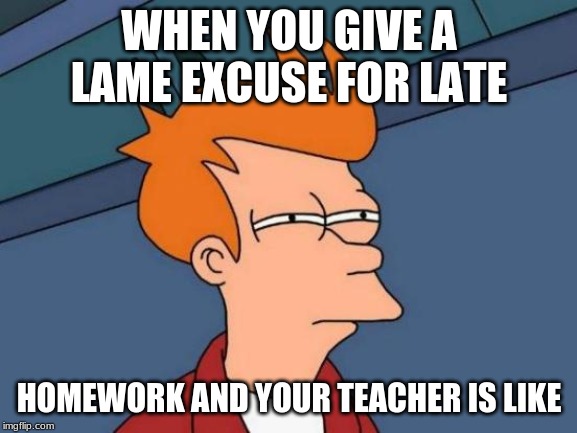 Futurama Fry | WHEN YOU GIVE A LAME EXCUSE FOR LATE; HOMEWORK AND YOUR TEACHER IS LIKE | image tagged in memes,futurama fry | made w/ Imgflip meme maker