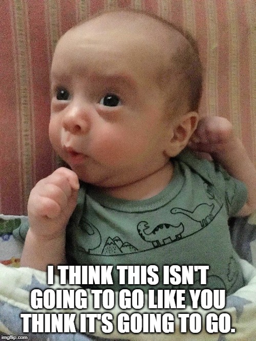 Intrigued Baby | I THINK THIS ISN'T GOING TO GO LIKE YOU THINK IT'S GOING TO GO. | image tagged in intrigued,memes,skeptical baby | made w/ Imgflip meme maker
