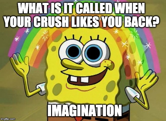 Imagination Spongebob Meme | WHAT IS IT CALLED WHEN YOUR CRUSH LIKES YOU BACK? IMAGINATION | image tagged in memes,imagination spongebob | made w/ Imgflip meme maker