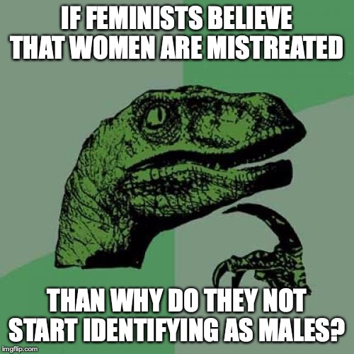 Philosoraptor | IF FEMINISTS BELIEVE THAT WOMEN ARE MISTREATED; THAN WHY DO THEY NOT START IDENTIFYING AS MALES? | image tagged in memes,philosoraptor | made w/ Imgflip meme maker