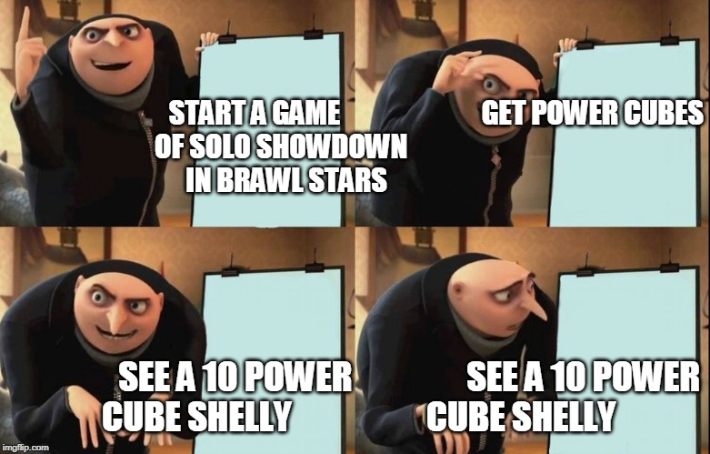Gru's Plan | START A GAME                          GET POWER CUBES
 OF SOLO SHOWDOWN                               
IN BRAWL STARS; SEE A 10 POWER                 SEE A 10 POWER
    CUBE SHELLY                    CUBE SHELLY | image tagged in despicable me diabolical plan gru template | made w/ Imgflip meme maker