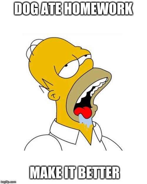 DOG ATE HOMEWORK MAKE IT BETTER | image tagged in homer simpson drooling | made w/ Imgflip meme maker