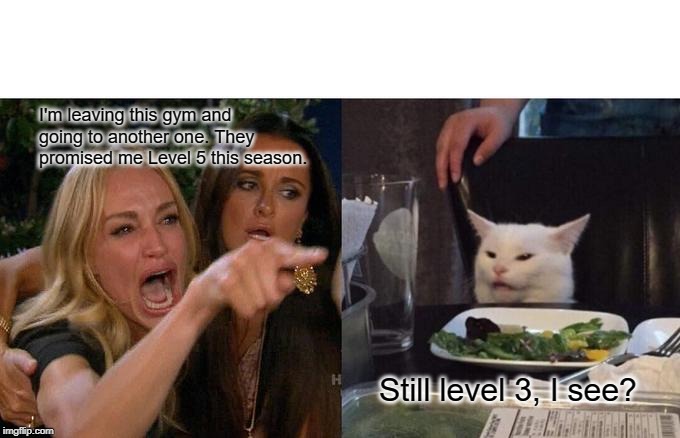 Woman Yelling At Cat Meme | I'm leaving this gym and going to another one. They promised me Level 5 this season. Still level 3, I see? | image tagged in memes,woman yelling at cat | made w/ Imgflip meme maker