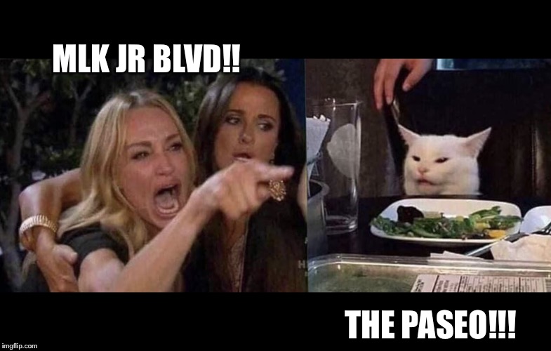 woman yelling at cat | MLK JR BLVD!! THE PASEO!!! | image tagged in woman yelling at cat | made w/ Imgflip meme maker