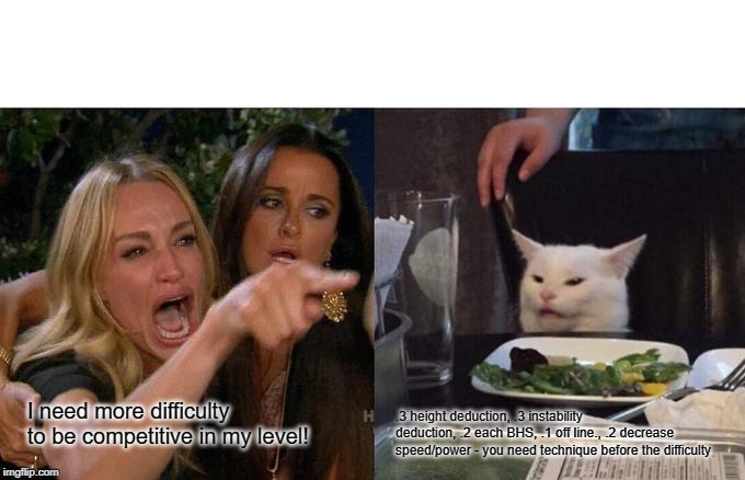 Woman Yelling At Cat Meme | I need more difficulty to be competitive in my level! .3 height deduction, .3 instability deduction, .2 each BHS, .1 off line., .2 decrease speed/power - you need technique before the difficulty | image tagged in memes,woman yelling at cat | made w/ Imgflip meme maker