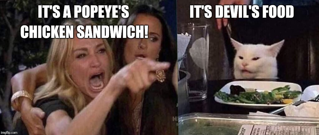 woman yelling at cat | IT'S A POPEYE'S                      IT'S DEVIL'S FOOD; CHICKEN SANDWICH! | image tagged in woman yelling at cat | made w/ Imgflip meme maker