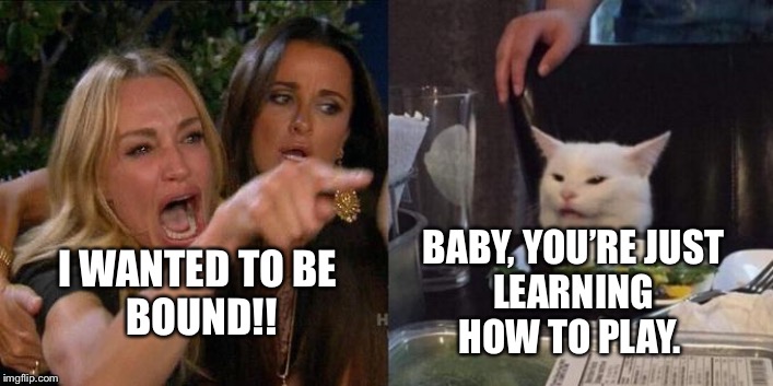 Woman yelling at a cat | BABY, YOU’RE JUST
LEARNING HOW TO PLAY. I WANTED TO BE 
BOUND!! | image tagged in woman yelling at a cat | made w/ Imgflip meme maker