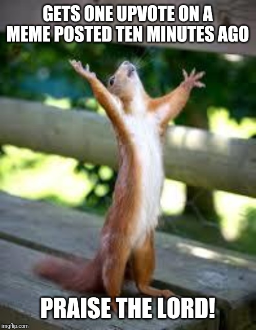 Praise Squirrel |  GETS ONE UPVOTE ON A MEME POSTED TEN MINUTES AGO; PRAISE THE LORD! | image tagged in praise squirrel | made w/ Imgflip meme maker