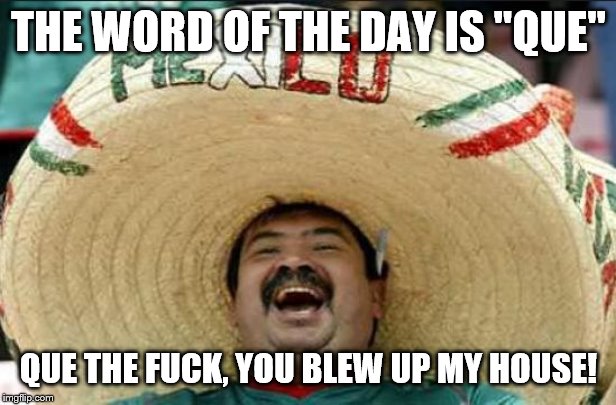 mexican word of the day | THE WORD OF THE DAY IS "QUE" QUE THE F**K, YOU BLEW UP MY HOUSE! | image tagged in mexican word of the day | made w/ Imgflip meme maker