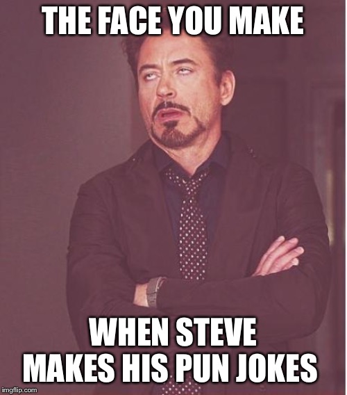 Face You Make Robert Downey Jr Meme | THE FACE YOU MAKE; WHEN STEVE MAKES HIS PUN JOKES | image tagged in memes,face you make robert downey jr | made w/ Imgflip meme maker