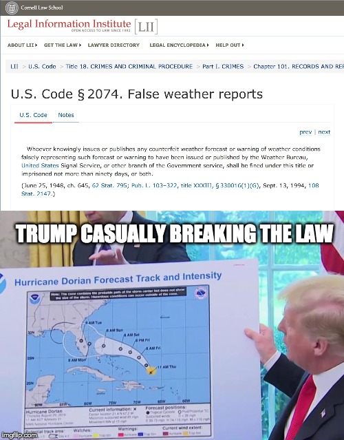 It’s a federal crime to falsify a National Weather Service forecast | TRUMP CASUALLY BREAKING THE LAW | image tagged in donald trump you're fired,donald trump is an idiot | made w/ Imgflip meme maker