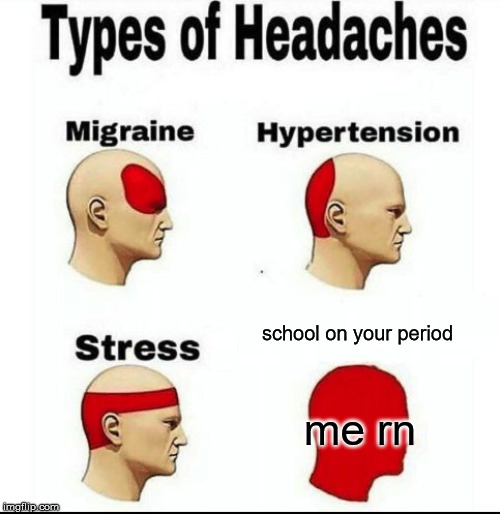 Types of Headaches meme | school on your period; me rn | image tagged in types of headaches meme | made w/ Imgflip meme maker