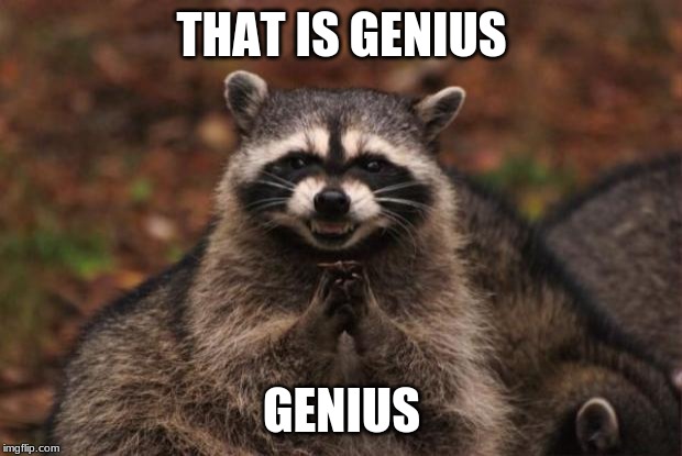 evil genius racoon | THAT IS GENIUS GENIUS | image tagged in evil genius racoon | made w/ Imgflip meme maker
