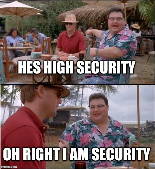 See Nobody Cares Meme | HES HIGH SECURITY; OH RIGHT I AM SECURITY | image tagged in memes,see nobody cares | made w/ Imgflip meme maker