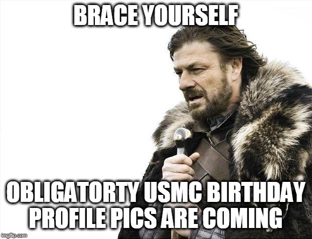 Brace Yourselves X is Coming | BRACE YOURSELF; OBLIGATORTY USMC BIRTHDAY PROFILE PICS ARE COMING | image tagged in memes,brace yourselves x is coming | made w/ Imgflip meme maker