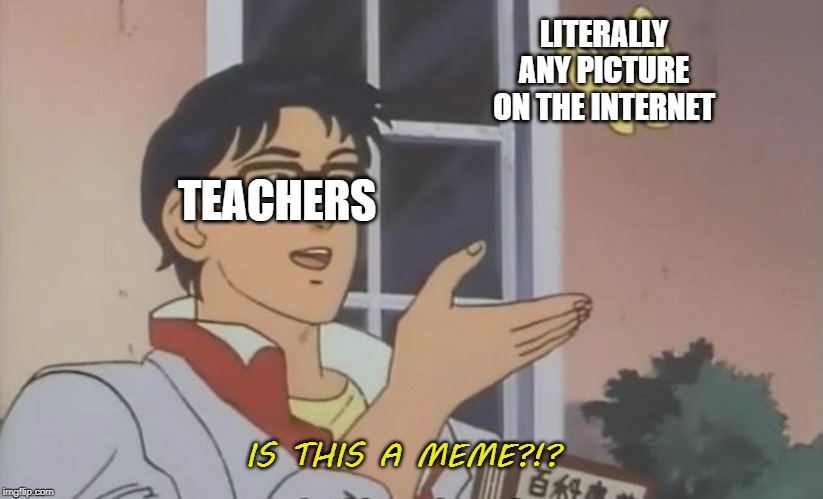 teachers | LITERALLY ANY PICTURE ON THE INTERNET; TEACHERS; IS THIS A MEME?!? | image tagged in is this a pigeon blank | made w/ Imgflip meme maker