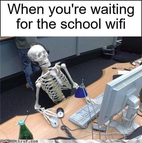 School Wifi |  When you're waiting for the school wifi | image tagged in waiting skeleton,school,wifi,bad wifi,funny | made w/ Imgflip meme maker