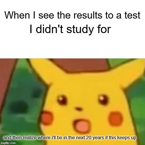 Surprised Pikachu Meme | When I see the results to a test; I didn't study for; and then realize where i'll be in the next 20 years if this keeps up | image tagged in memes,surprised pikachu | made w/ Imgflip meme maker