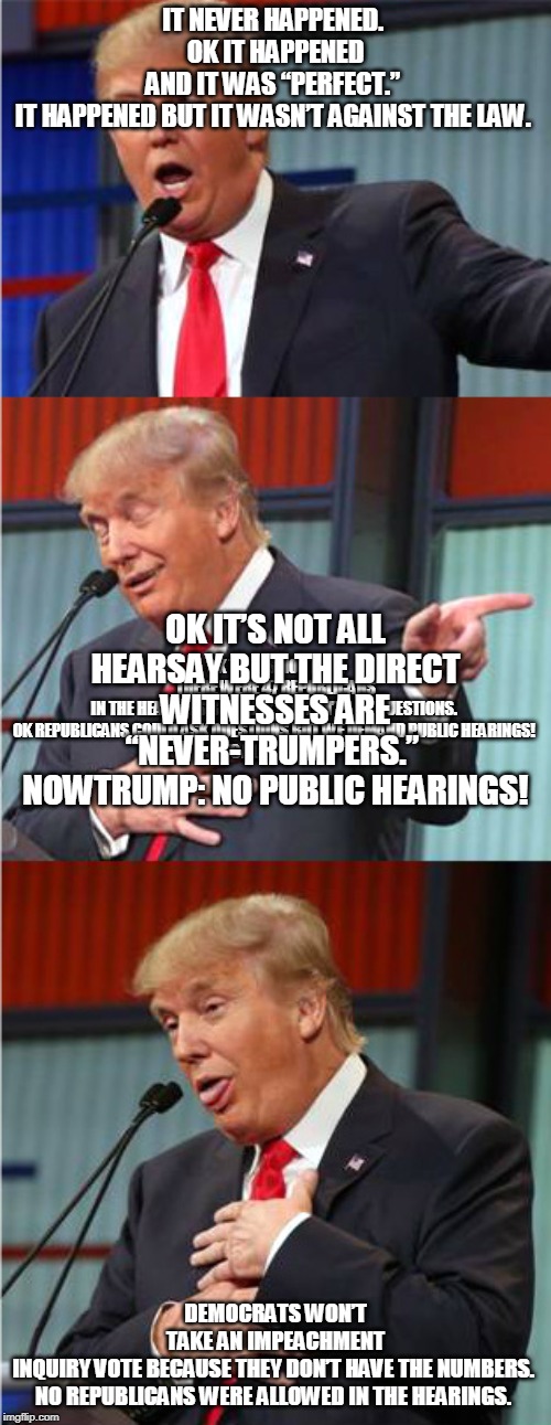 Bad Pun Trump | IT NEVER HAPPENED. 
OK IT HAPPENED AND IT WAS “PERFECT.” 
IT HAPPENED BUT IT WASN’T AGAINST THE LAW. OK THAT’S NOT TRUE THERE WERE 47 REPUBLICANS IN THE HEARINGS BUT THEY COULDN’T ASK QUESTIONS. 
OK REPUBLICANS COULD ASK QUESTIONS BUT WE DEMAND PUBLIC HEARINGS! 
IT’S ALL HEARSAY. OK IT’S NOT ALL HEARSAY BUT THE DIRECT WITNESSES ARE “NEVER-TRUMPERS.” 
NOWTRUMP: NO PUBLIC HEARINGS! DEMOCRATS WON’T TAKE AN IMPEACHMENT INQUIRY VOTE BECAUSE THEY DON’T HAVE THE NUMBERS. 
NO REPUBLICANS WERE ALLOWED IN THE HEARINGS. | image tagged in bad pun trump | made w/ Imgflip meme maker