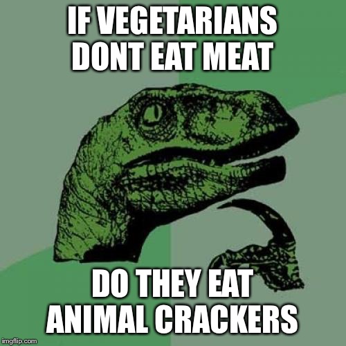 Philosoraptor Meme | IF VEGETARIANS DONT EAT MEAT; DO THEY EAT ANIMAL CRACKERS | image tagged in memes,philosoraptor | made w/ Imgflip meme maker
