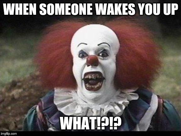 Scary Clown | WHEN SOMEONE WAKES YOU UP; WHAT!?!? | image tagged in scary clown | made w/ Imgflip meme maker