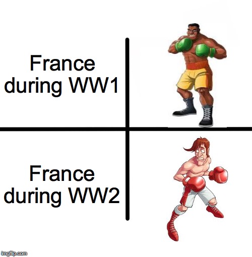 Let Me Know If This Is Inaccurate | France during WW1; France during WW2 | image tagged in memes,blank starter pack,history | made w/ Imgflip meme maker